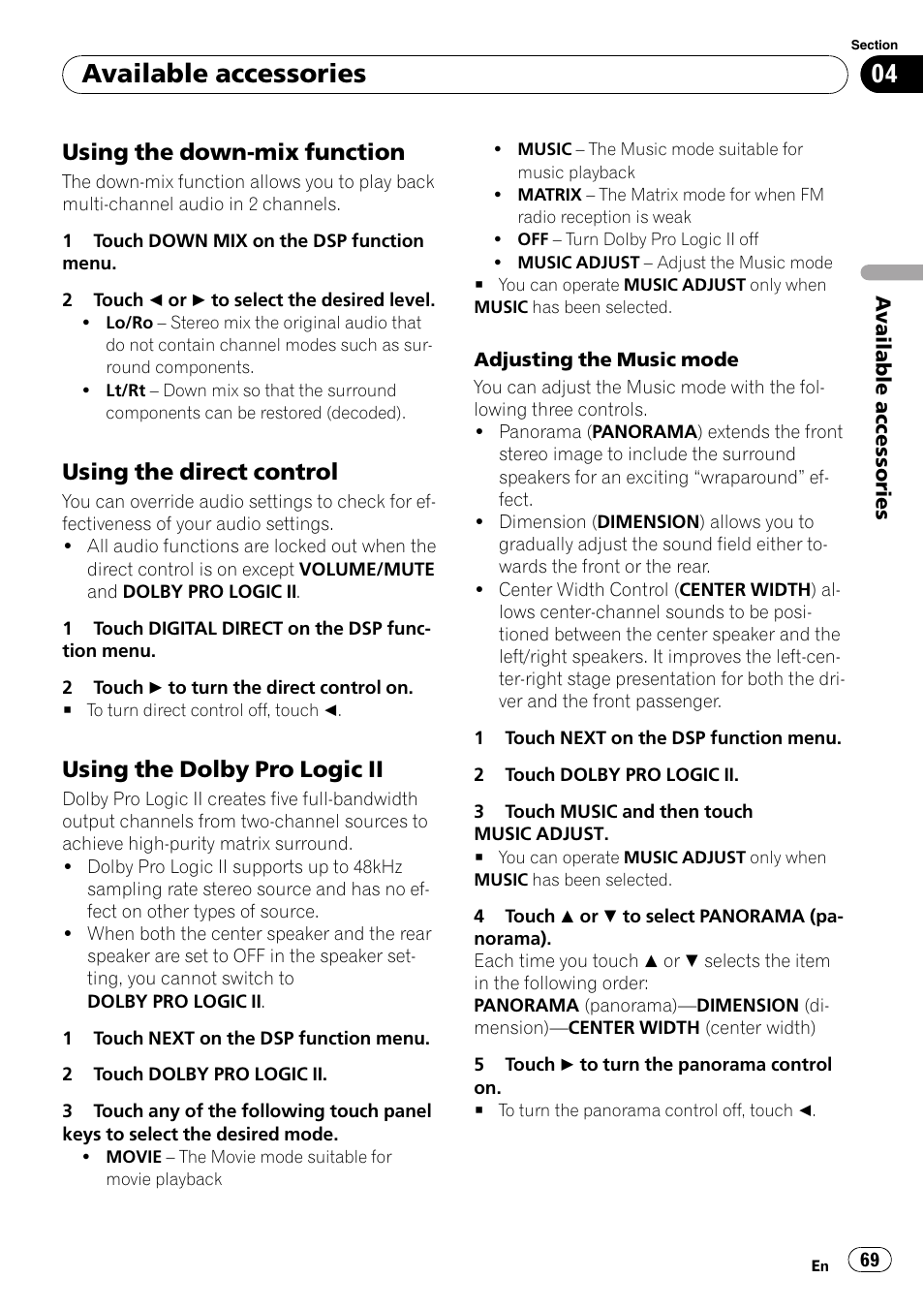 Using the down-mix function 69, Using the direct control 69, Using the dolby pro logic ii 69 | Available accessories, Using the down-mix function, Using the direct control, Using the dolby pro logic ii | Pioneer Super Tuner III D AVH-P4050DVD User Manual | Page 69 / 96