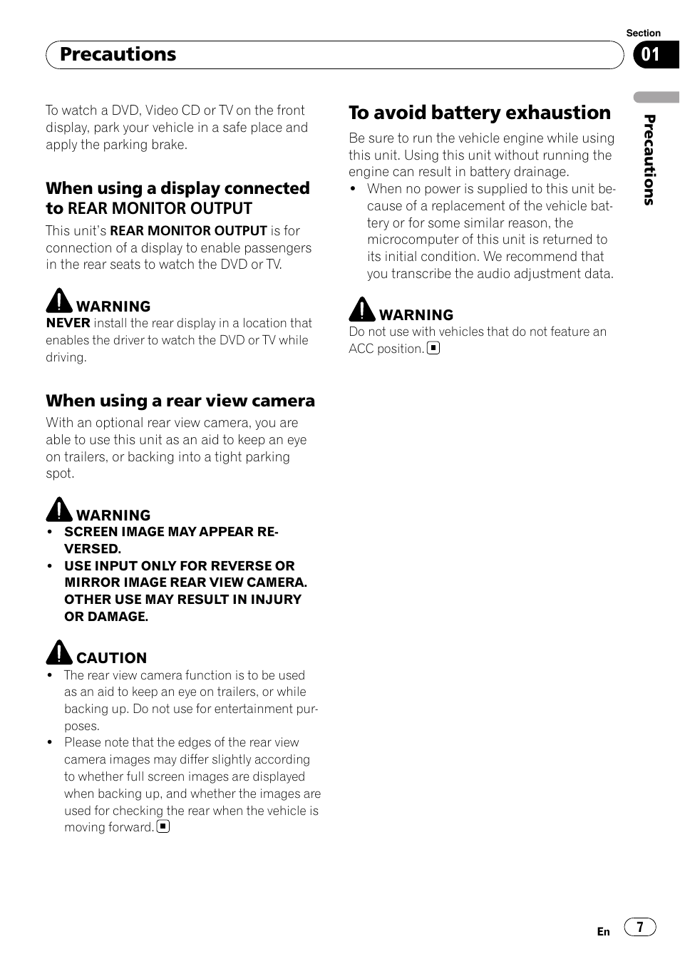 When using a display connected to, Rear monitor output, When using a rear view camera 7 | To avoid battery exhaustion, Precautions | Pioneer Super Tuner III D AVH-P4050DVD User Manual | Page 7 / 96
