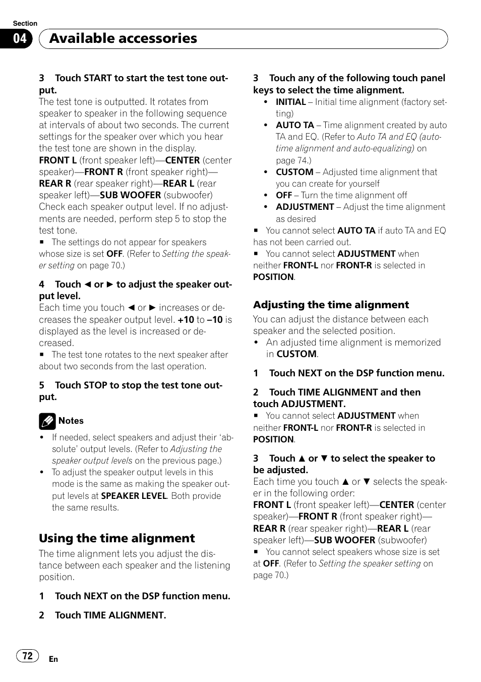 Using the time alignment 72, Adjusting the time alignment, Available accessories | Using the time alignment | Pioneer Super Tuner III D AVH-P4050DVD User Manual | Page 72 / 96