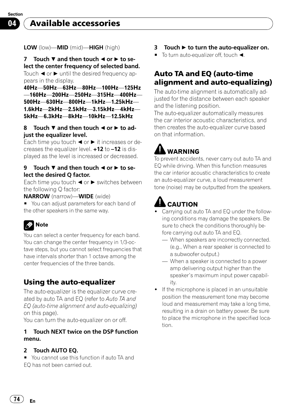 Using the auto-equalizer 74, Auto ta and eq (auto-time alignment, And auto-equalizing) | Available accessories, Using the auto-equalizer | Pioneer Super Tuner III D AVH-P4050DVD User Manual | Page 74 / 96