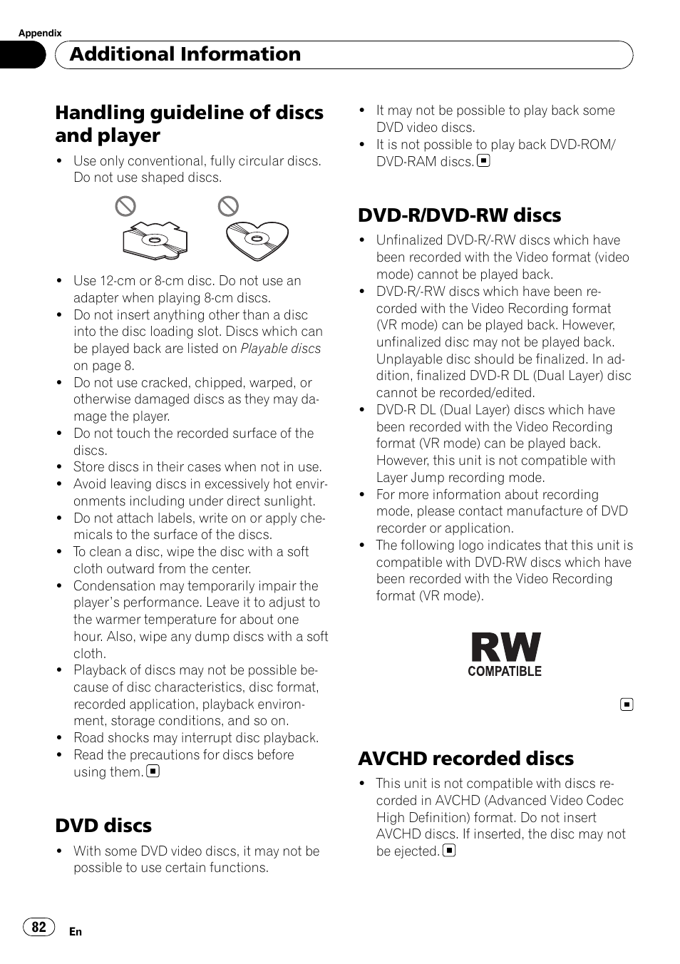 Handling guideline of discs and player, Dvd discs, Dvd-r/dvd-rw discs | Avchd recorded discs, Additional information | Pioneer Super Tuner III D AVH-P4050DVD User Manual | Page 82 / 96