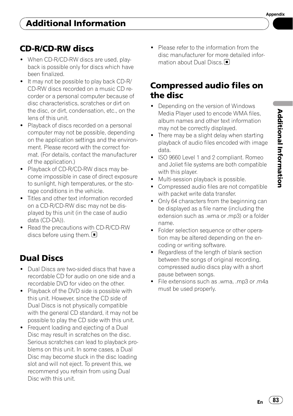 Cd-r/cd-rw discs, Dual discs, Compressed audio files on the disc | Additional information | Pioneer Super Tuner III D AVH-P4050DVD User Manual | Page 83 / 96
