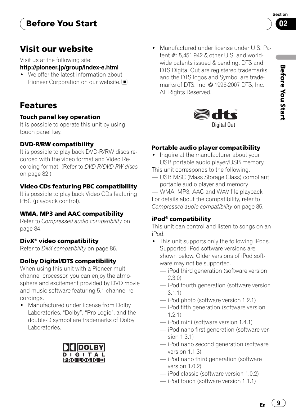 Visit our website, Features, Before you start | Pioneer Super Tuner III D AVH-P4050DVD User Manual | Page 9 / 96