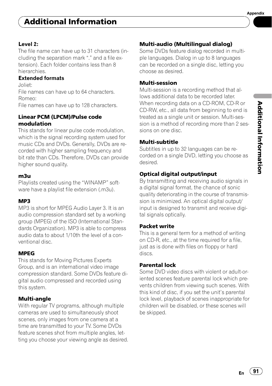 Additional information | Pioneer Super Tuner III D AVH-P4050DVD User Manual | Page 91 / 96