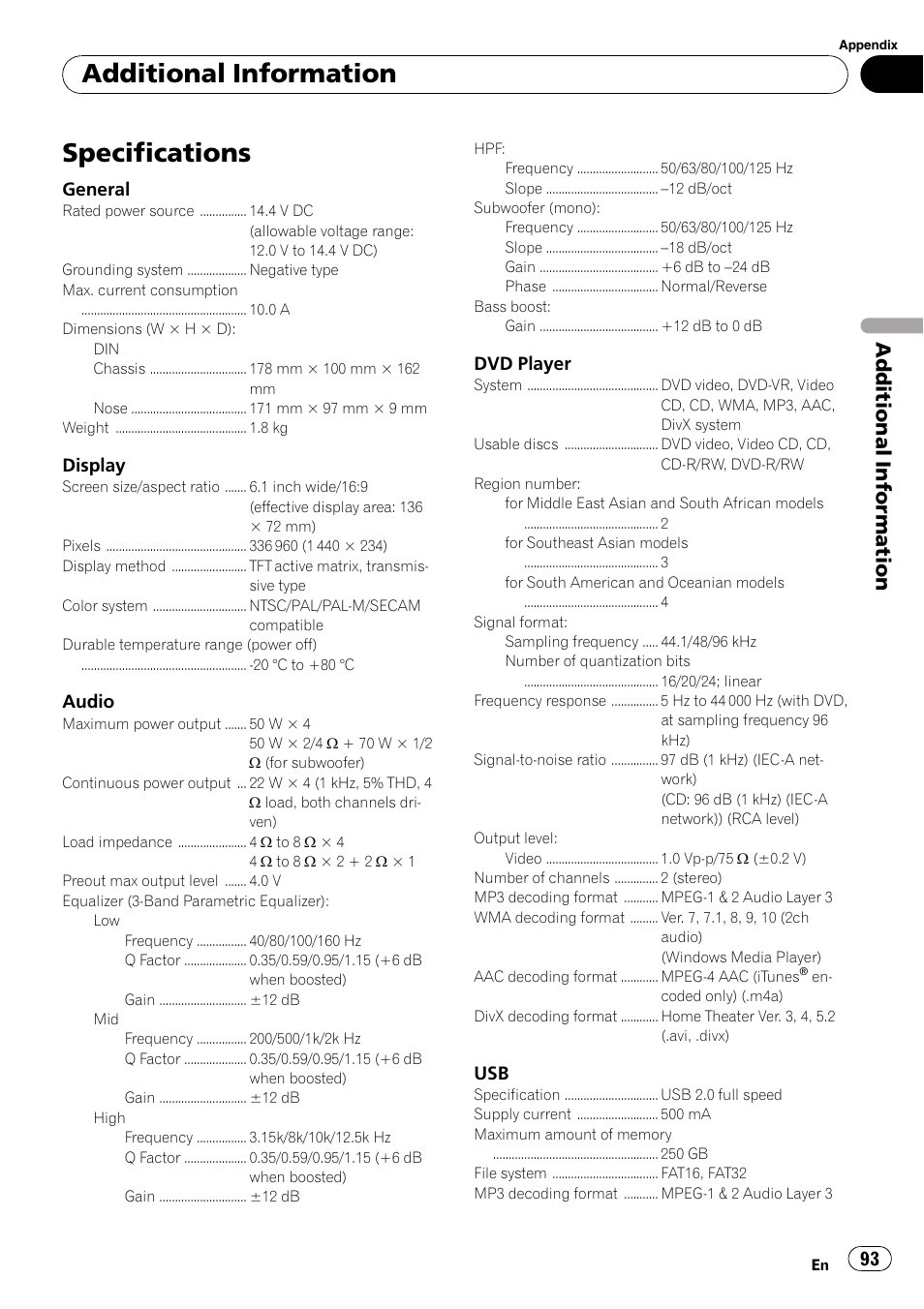 Specifications, Additional information | Pioneer Super Tuner III D AVH-P4050DVD User Manual | Page 93 / 96