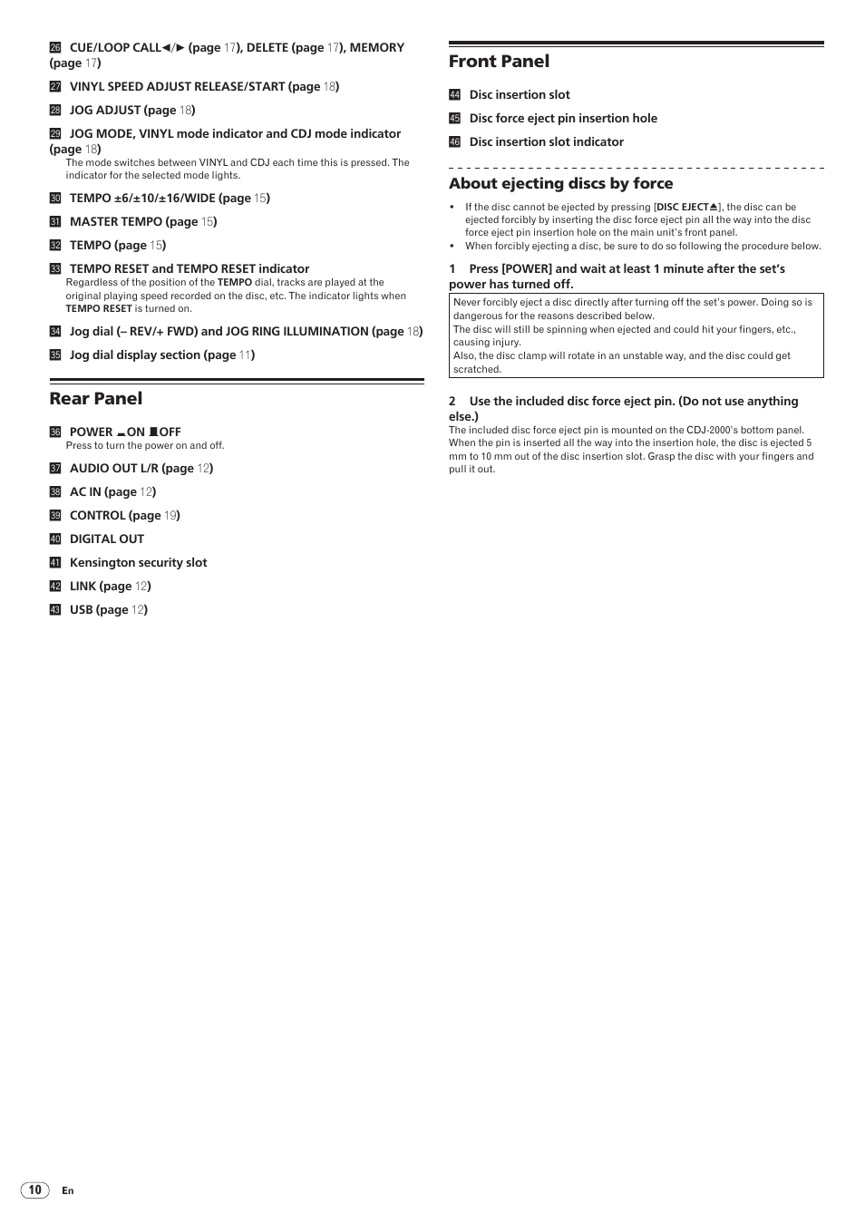 Rear panel front panel, Rear panel, Front panel | Pioneer CDJ-2000 User Manual | Page 10 / 32