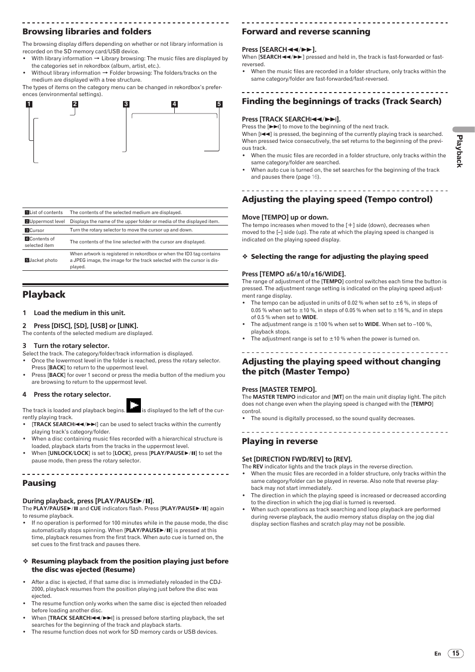 Playback, Drb1474-a, Browsing libraries and folders | Pausing, Forward and reverse scanning, Finding the beginnings of tracks (track search), Adjusting the playing speed (tempo control), Playing in reverse | Pioneer CDJ-2000 User Manual | Page 15 / 32