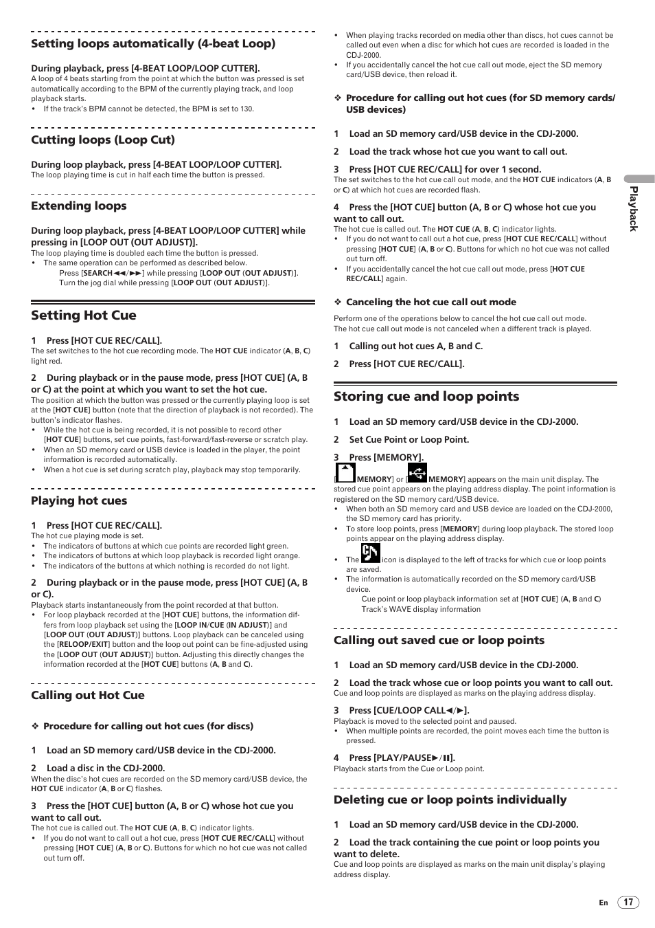 Setting hot cue storing cue and loop points, Setting hot cue, Storing cue and loop points | Drb1474-a, Setting loops automatically (4-beat loop), Cutting loops (loop cut), Extending loops, Playing hot cues, Calling out hot cue, Calling out saved cue or loop points | Pioneer CDJ-2000 User Manual | Page 17 / 32
