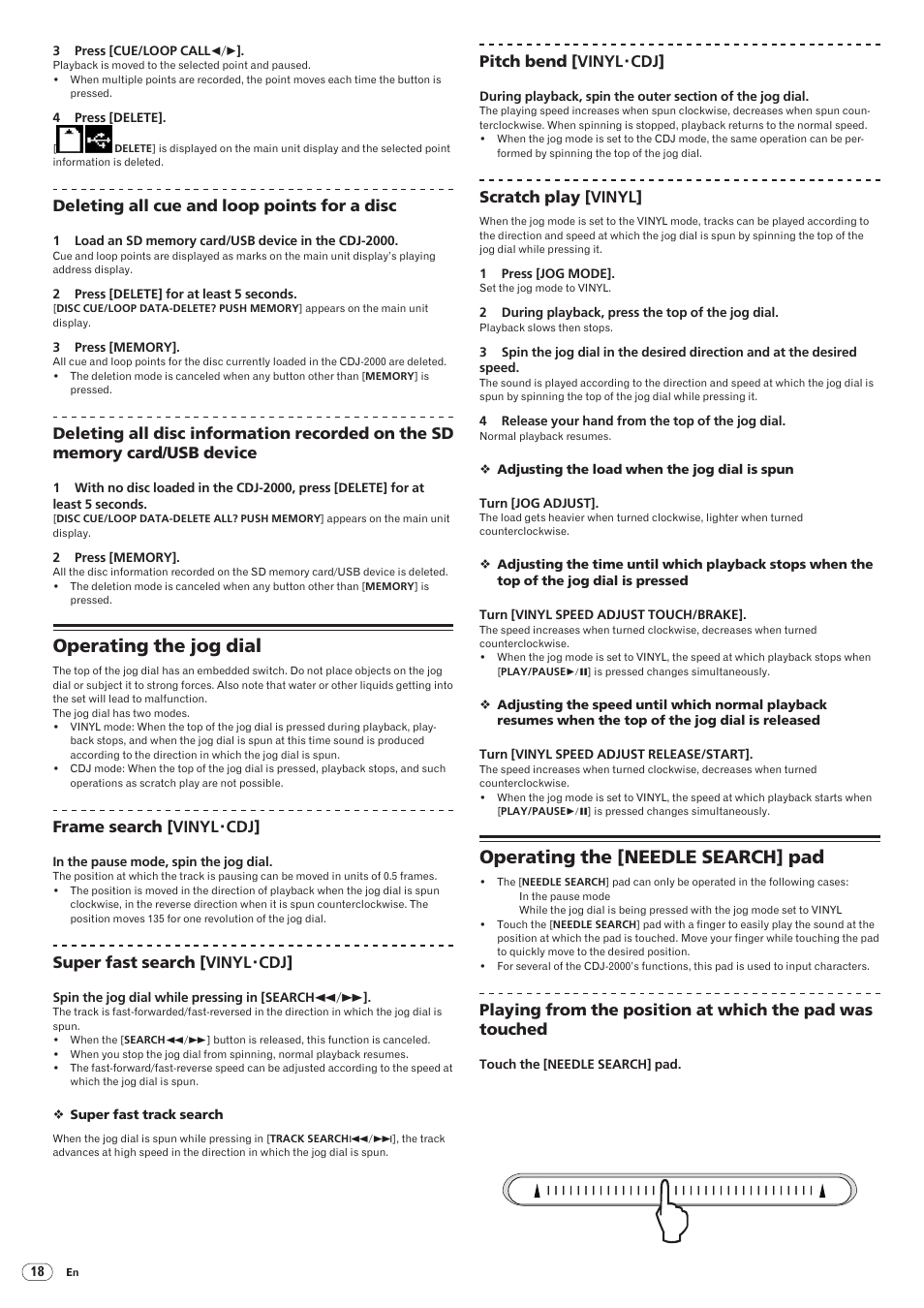 Operating the jog dial, Operating the [needle search] pad | Pioneer CDJ-2000 User Manual | Page 18 / 32