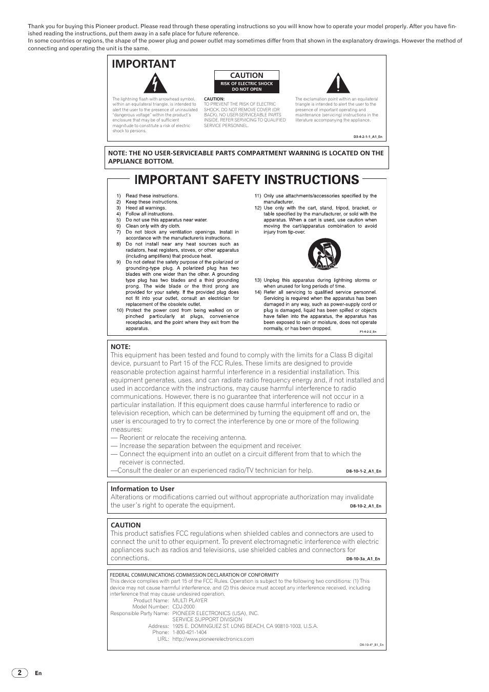 Important, Drb1474-a, Caution | Pioneer CDJ-2000 User Manual | Page 2 / 32