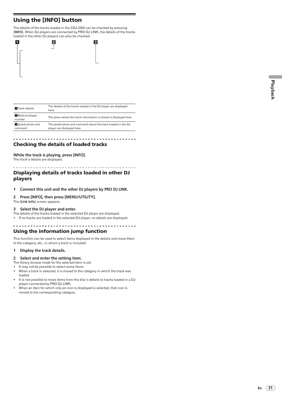 Using the [info] button, Drb1474-a, Checking the details of loaded tracks | Using the information jump function | Pioneer CDJ-2000 User Manual | Page 21 / 32