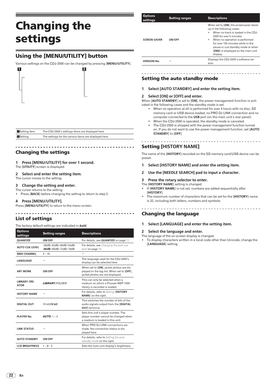 Using the [menu/utility] button, Changing the settings, Drb1474-a | List of settings, Setting the auto standby mode, Setting [ history name, Changing the language | Pioneer CDJ-2000 User Manual | Page 22 / 32