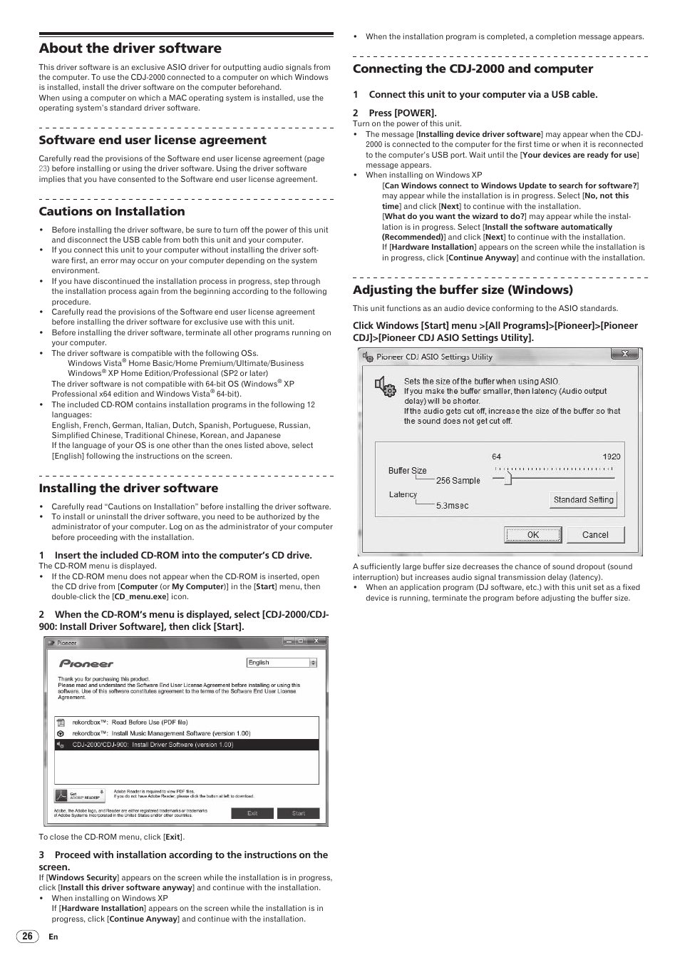 About the driver software, Drb1474-a, Software end user license agreement | Cautions on installation, Installing the driver software, Connecting the cdj-2000 and computer, Adjusting the buffer size (windows) | Pioneer CDJ-2000 User Manual | Page 26 / 32