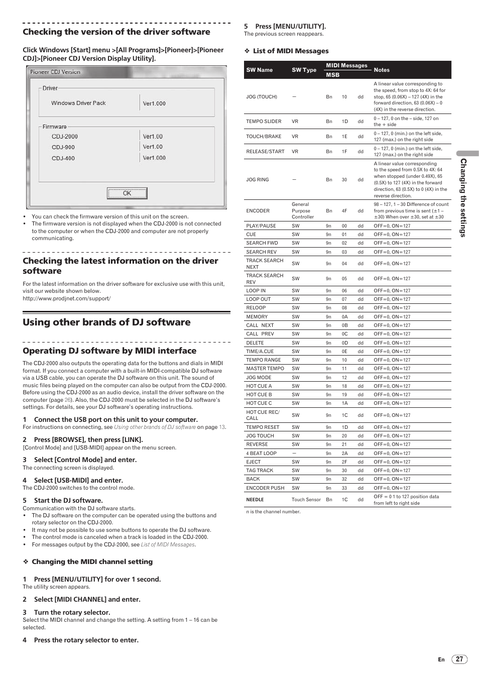 Using other brands of dj software, Drb1474-a, Checking the version of the driver software | Operating dj software by midi interface, Ch an g in g th e s et tin g s | Pioneer CDJ-2000 User Manual | Page 27 / 32