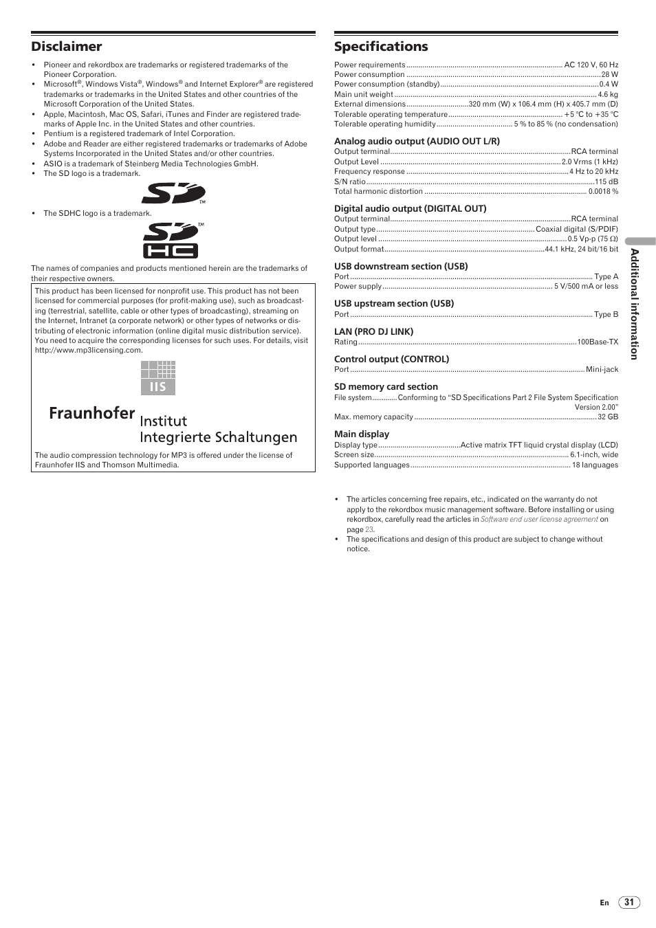 Disclaimer specifications, Disclaimer, Specifications | Drb1474-a | Pioneer CDJ-2000 User Manual | Page 31 / 32