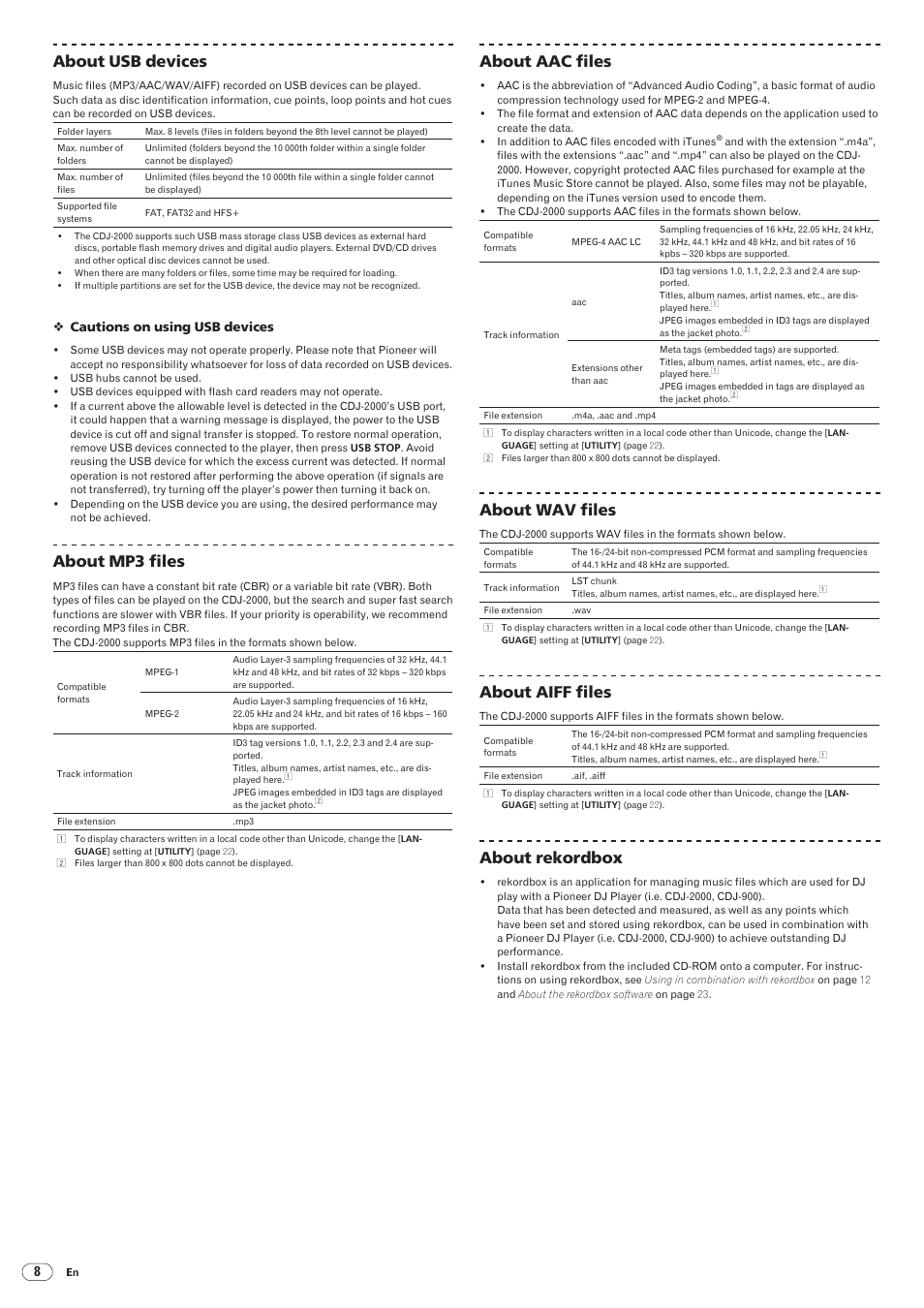 Drb1474-a, About usb devices, About mp3 files | About aac files, About wav files, About aiff files, About rekordbox | Pioneer CDJ-2000 User Manual | Page 8 / 32