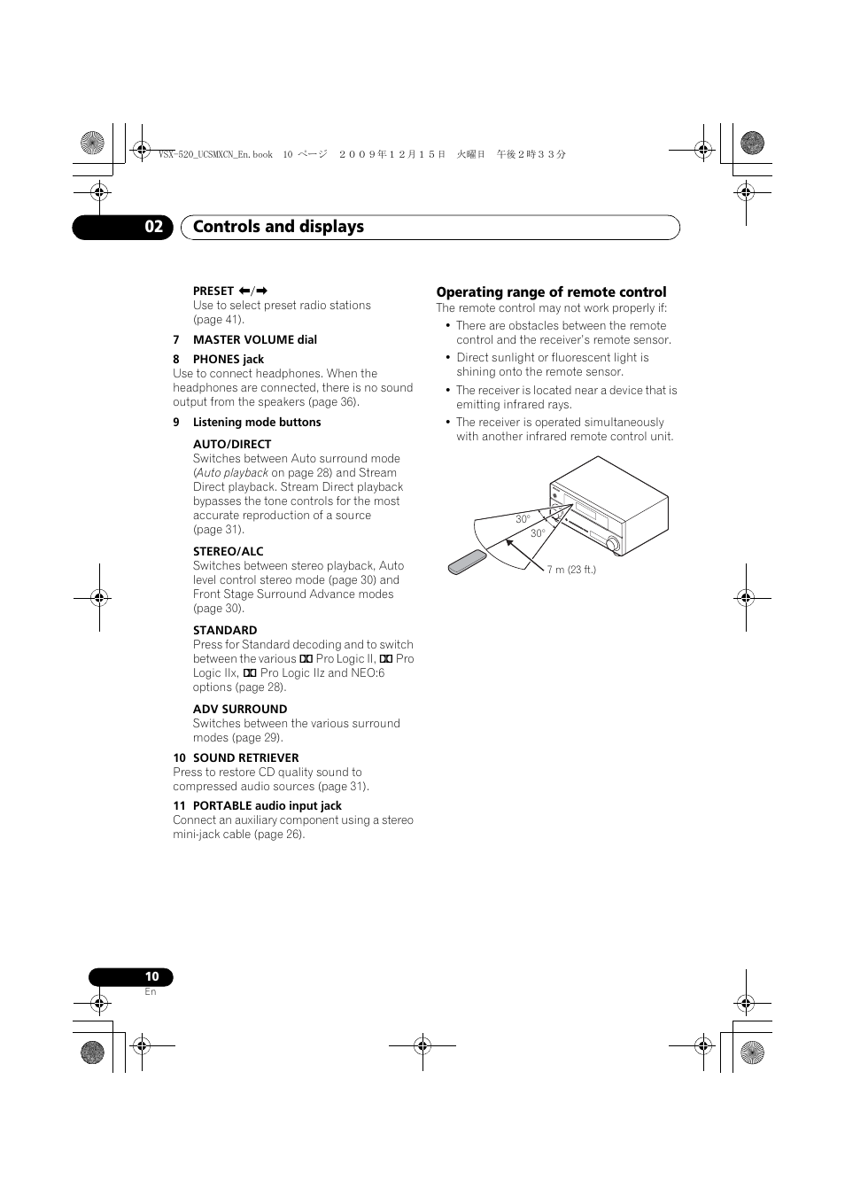 Operating range of remote control, Controls and displays 02 | Pioneer VSX-520 User Manual | Page 10 / 160