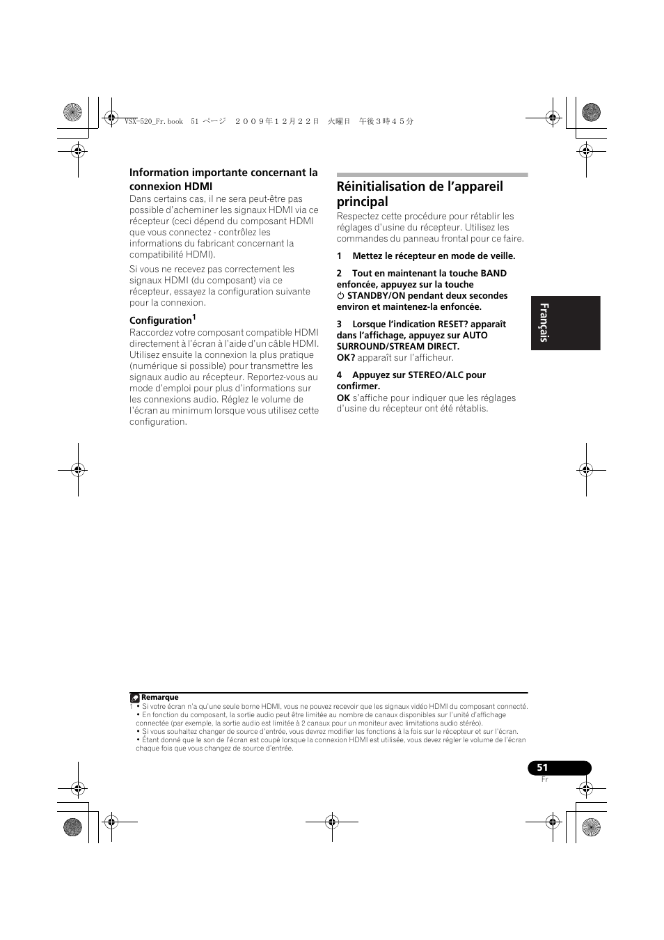 Réinitialisation de l’appareil principal, English français español | Pioneer VSX-520 User Manual | Page 103 / 160
