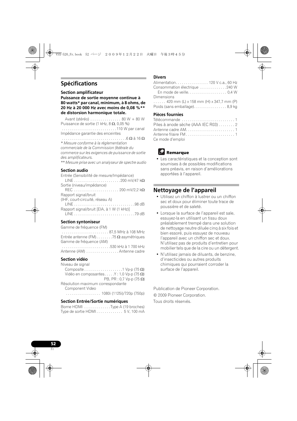 Spécifications, Nettoyage de l’appareil | Pioneer VSX-520 User Manual | Page 104 / 160