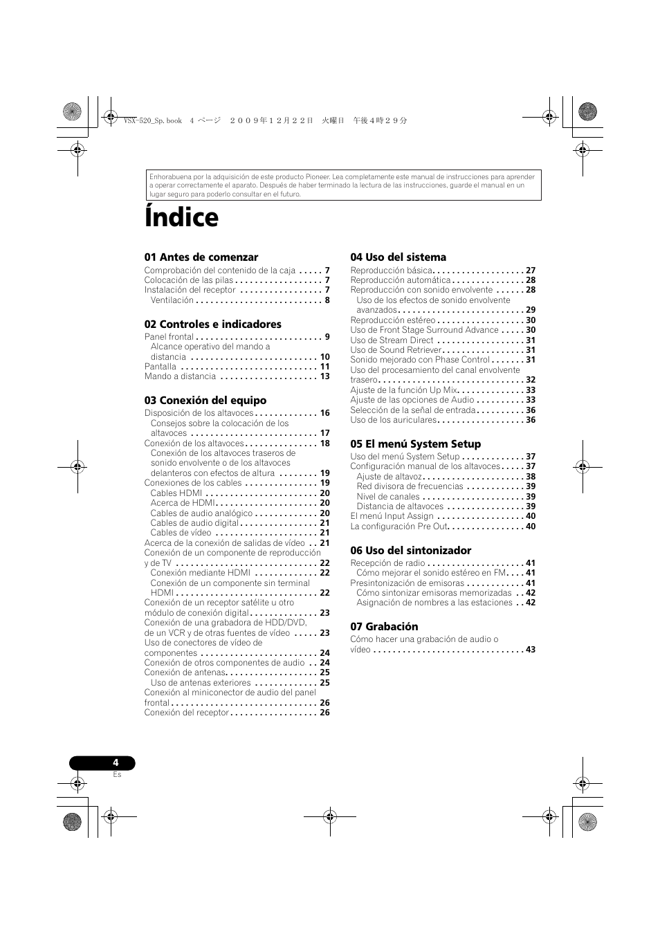 Receptor multicanal de audio/vídeo, Manual de instrucciones, Índice | Pioneer VSX-520 User Manual | Page 108 / 160