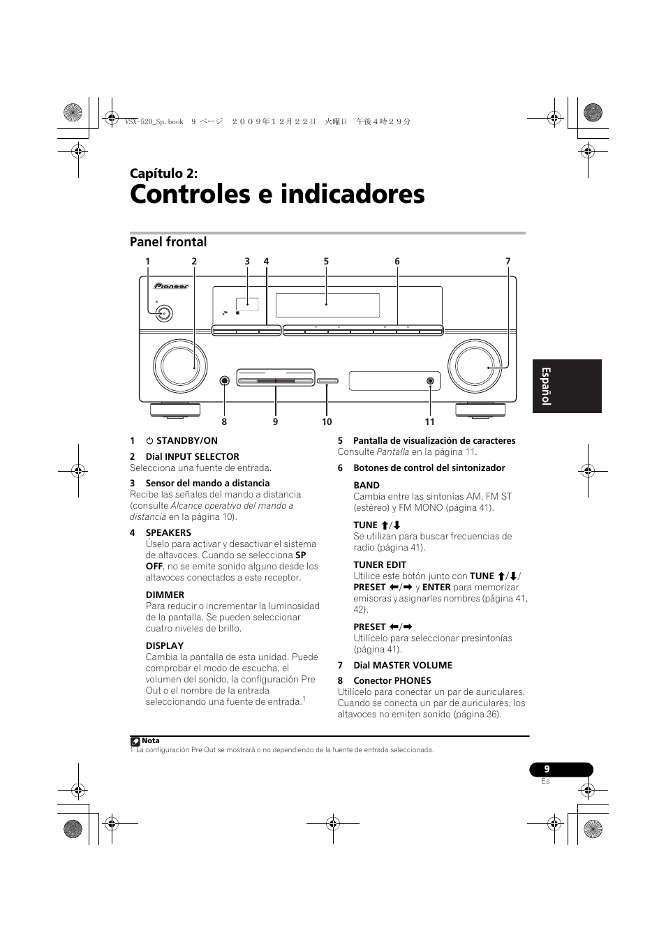 02 controles e indicadores, Panel frontal, Controles e indicadores | Capítulo 2, English français español | Pioneer VSX-520 User Manual | Page 113 / 160