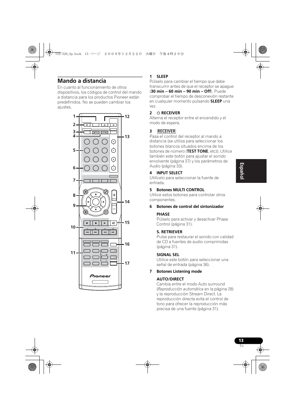Mando a distancia, English français español, Receiver | Pioneer VSX-520 User Manual | Page 117 / 160