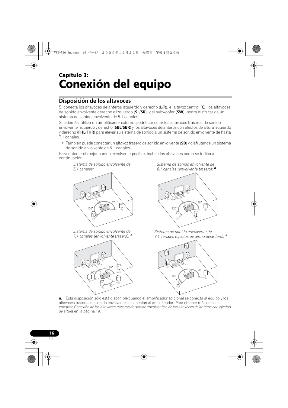 03 conexión del equipo, Disposición de los altavoces, Conexión del equipo | Capítulo 3 | Pioneer VSX-520 User Manual | Page 120 / 160