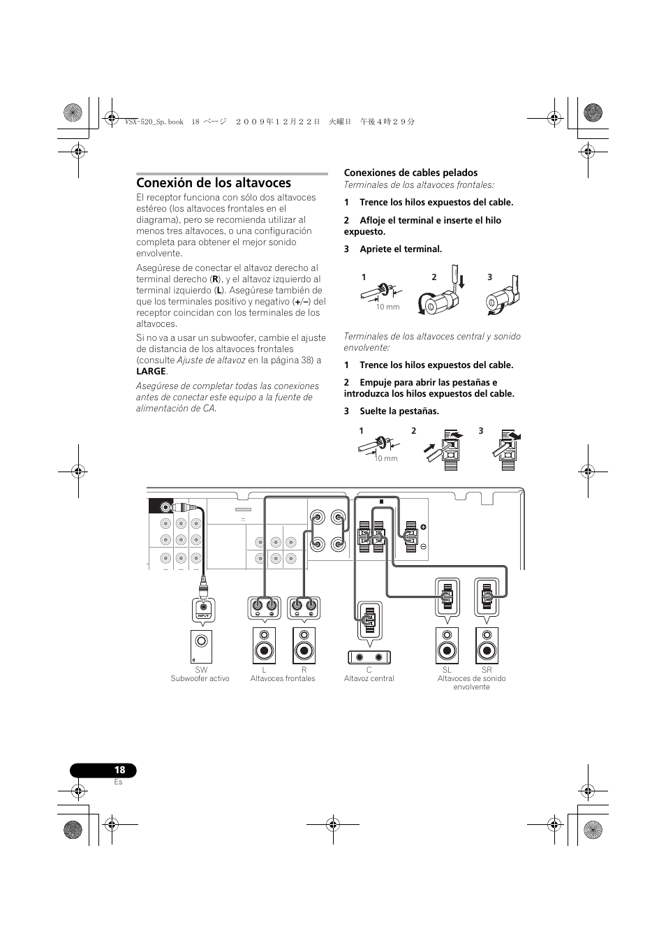 Conexión de los altavoces, Conexiones de cables pelados | Pioneer VSX-520 User Manual | Page 122 / 160