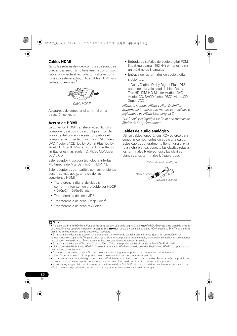 Cables hdmi, Acerca de hdmi, Cables de audio analógico | Pioneer VSX-520 User Manual | Page 124 / 160
