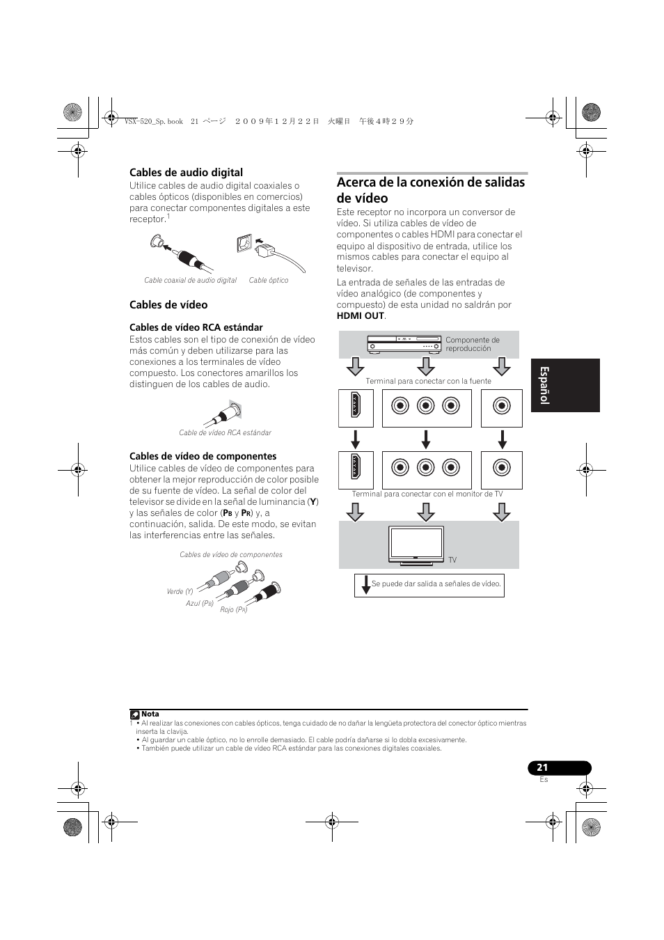 Cables de audio digital, Cables de vídeo, Acerca de la conexión de salidas de vídeo | English français español | Pioneer VSX-520 User Manual | Page 125 / 160