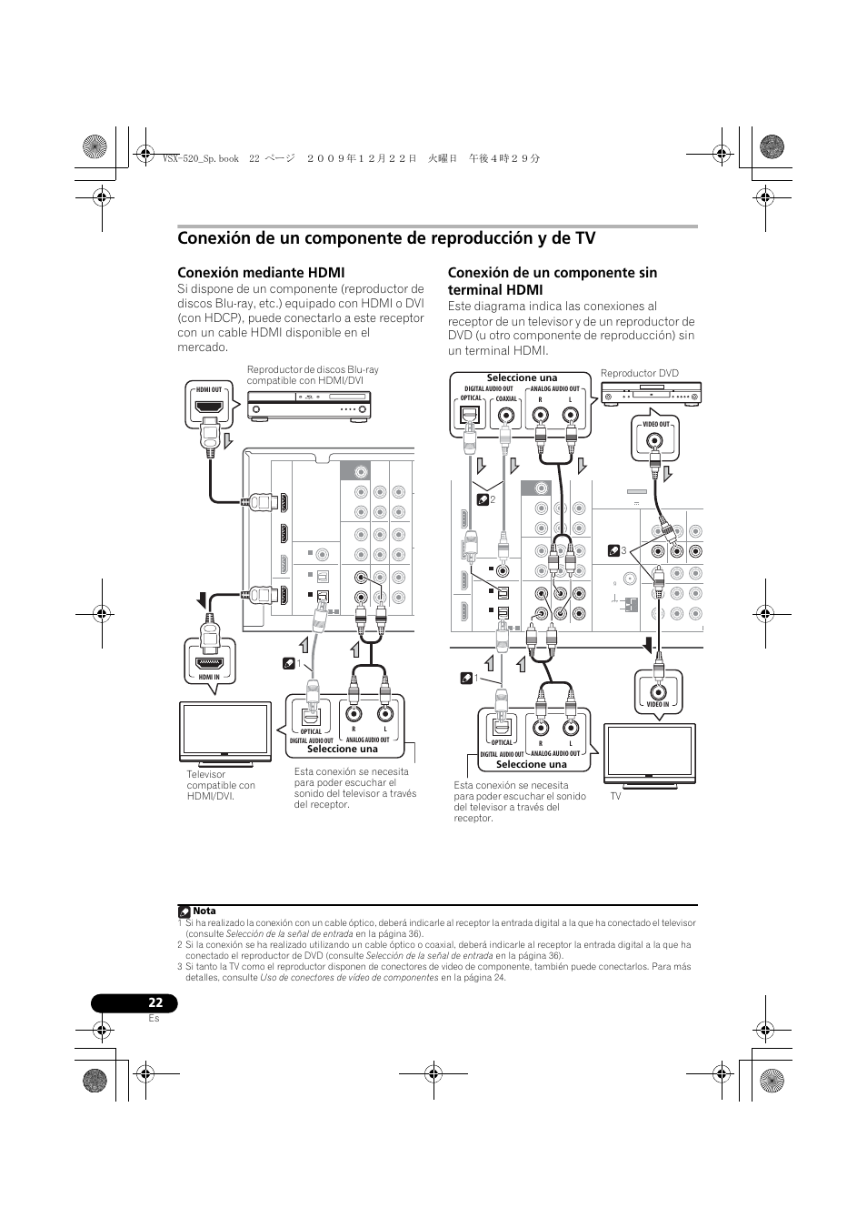 Conexión de un componente de reproducción y de tv, Conexión mediante hdmi, Conexión de un componente sin terminal hdmi | Nota | Pioneer VSX-520 User Manual | Page 126 / 160