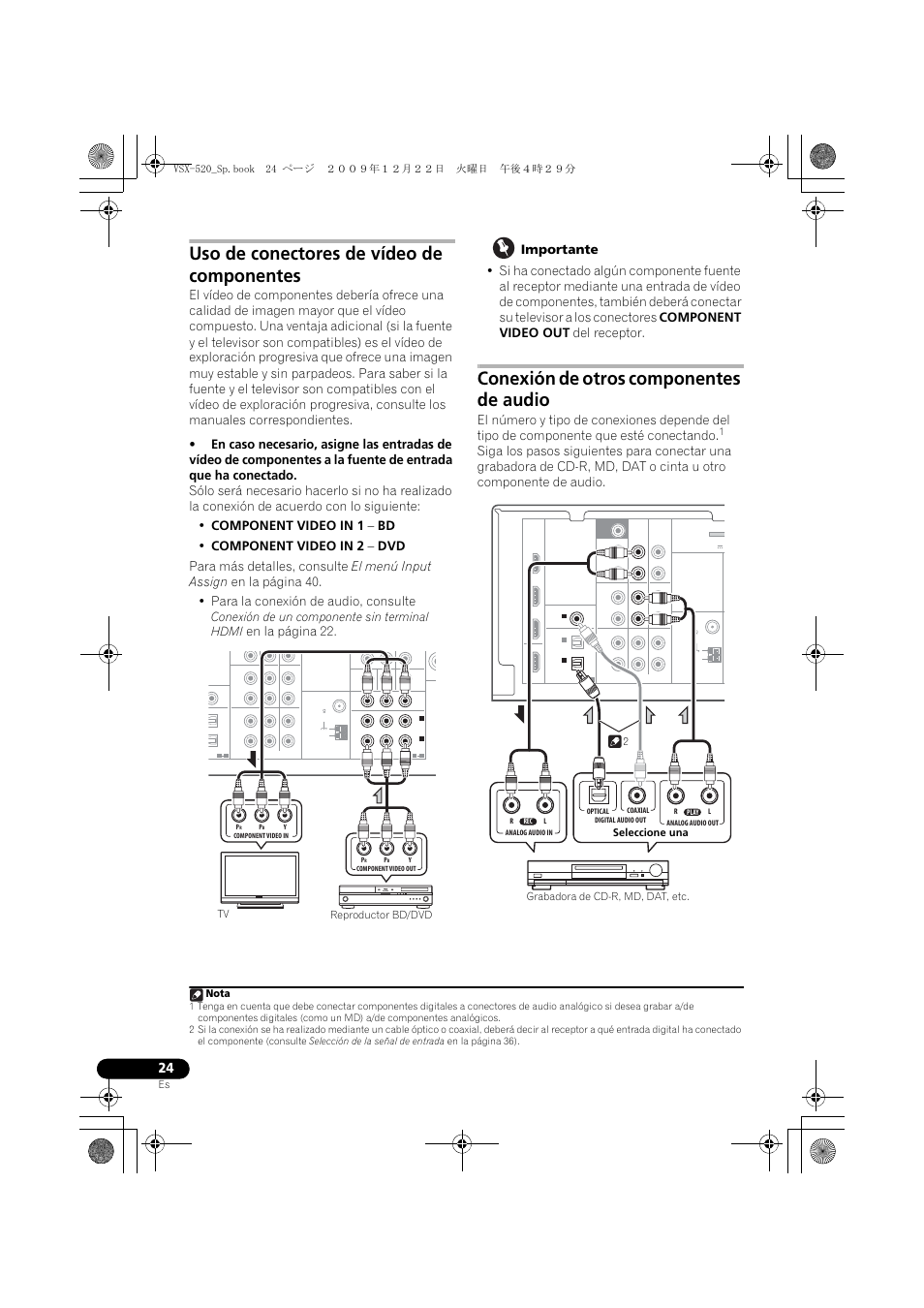 Uso de conectores de vídeo de componentes, Conexión de otros componentes de audio, En la página 22 | Conexión de un componente sin terminal hdmi, Reproductor bd/dvd tv nota | Pioneer VSX-520 User Manual | Page 128 / 160