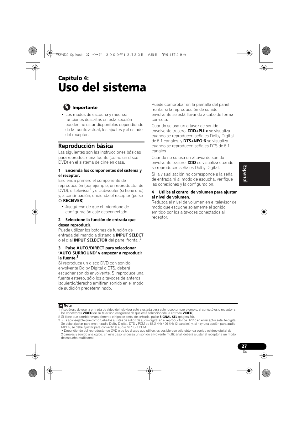 04 uso del sistema, Reproducción básica, Uso del sistema | Capítulo 4 | Pioneer VSX-520 User Manual | Page 131 / 160