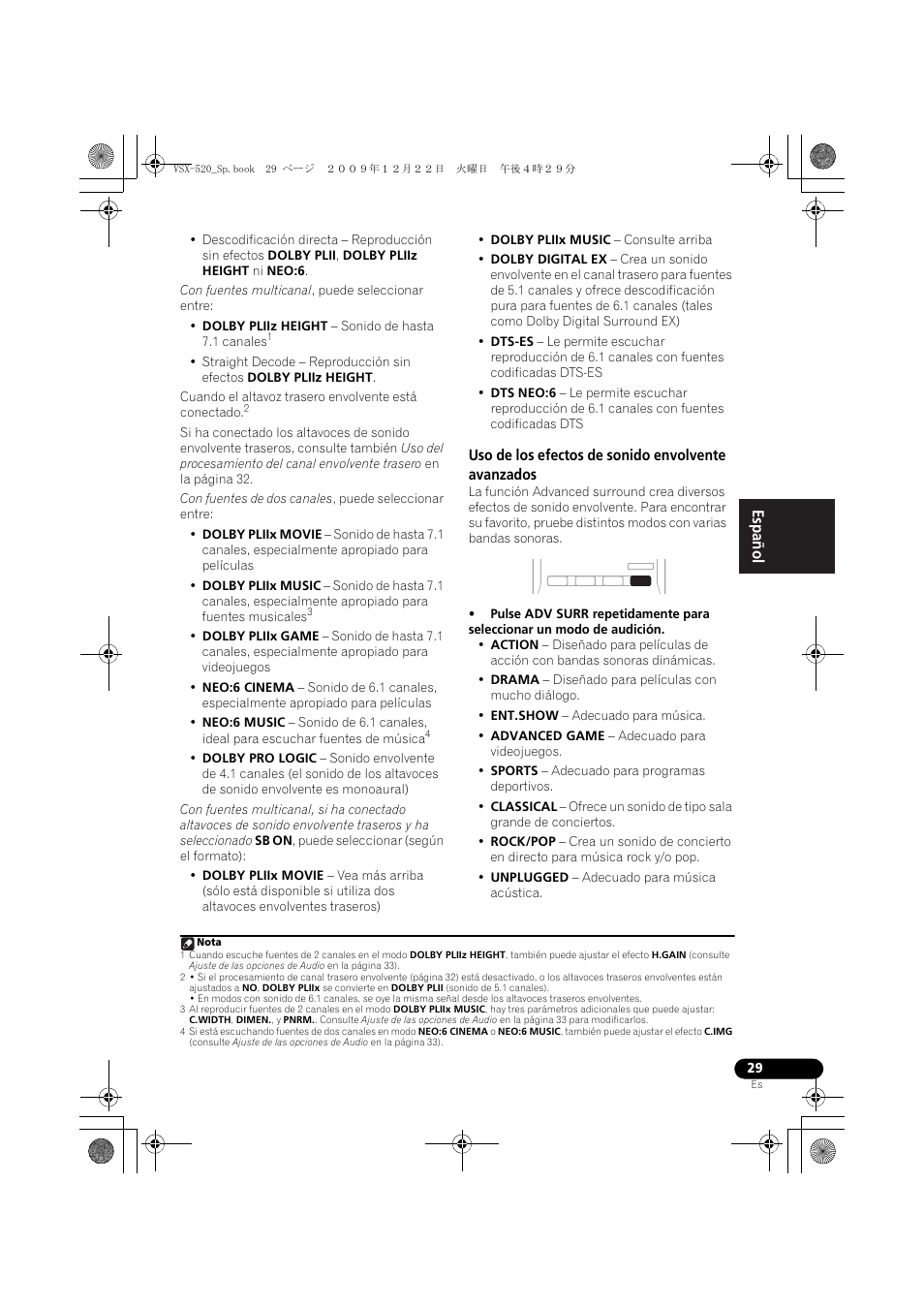 Uso de los efectos de sonido envolvente avanzados, English français español | Pioneer VSX-520 User Manual | Page 133 / 160