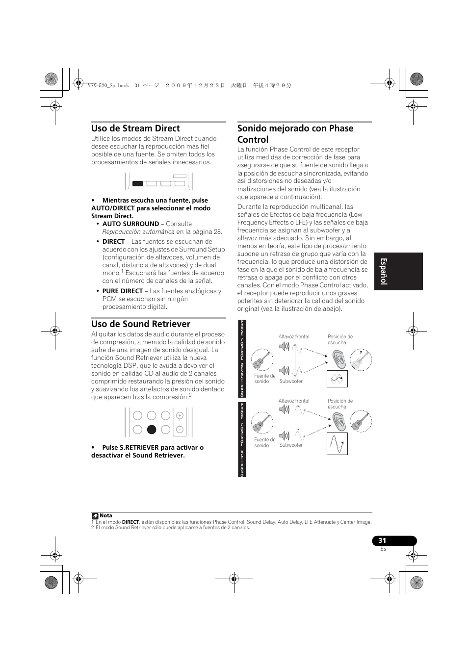 Uso de stream direct, Uso de sound retriever, Sonido mejorado con phase control | English français español | Pioneer VSX-520 User Manual | Page 135 / 160
