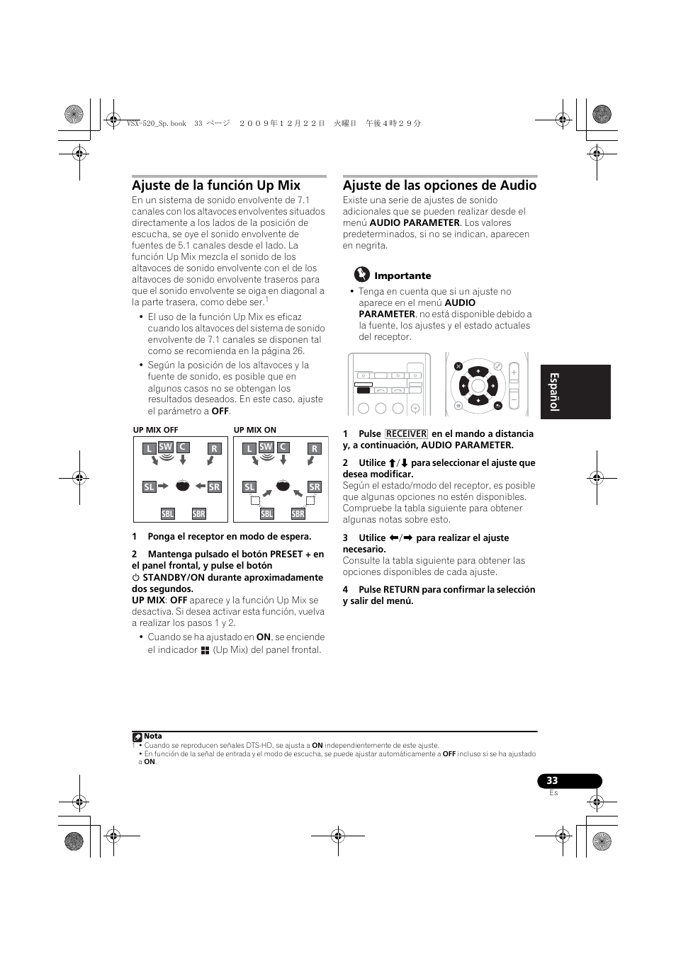 Ajuste de la función up mix, Ajuste de las opciones de audio, English français español | Pioneer VSX-520 User Manual | Page 137 / 160