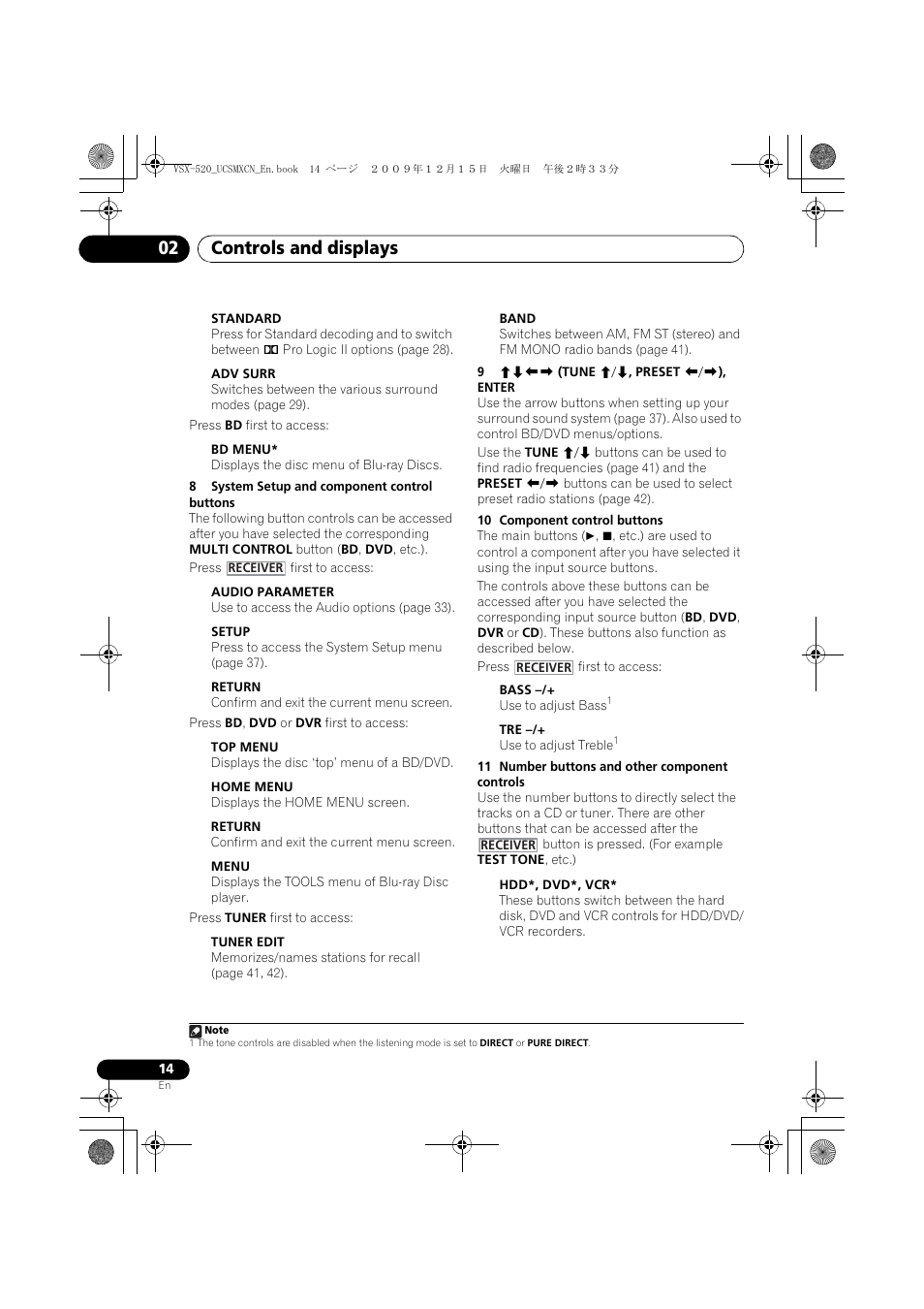 Controls and displays 02 | Pioneer VSX-520 User Manual | Page 14 / 160