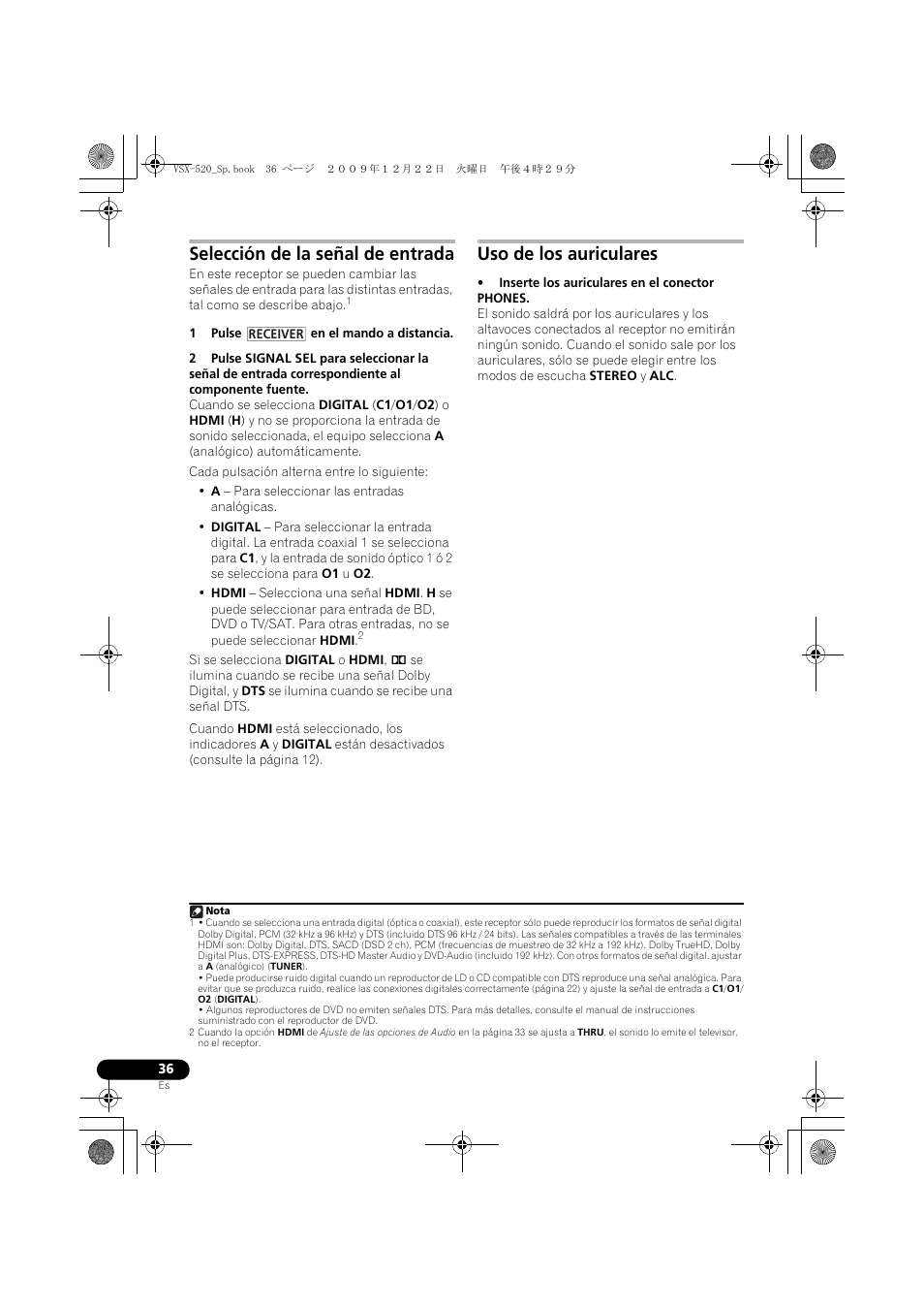 Selección de la señal de entrada, Uso de los auriculares | Pioneer VSX-520 User Manual | Page 140 / 160