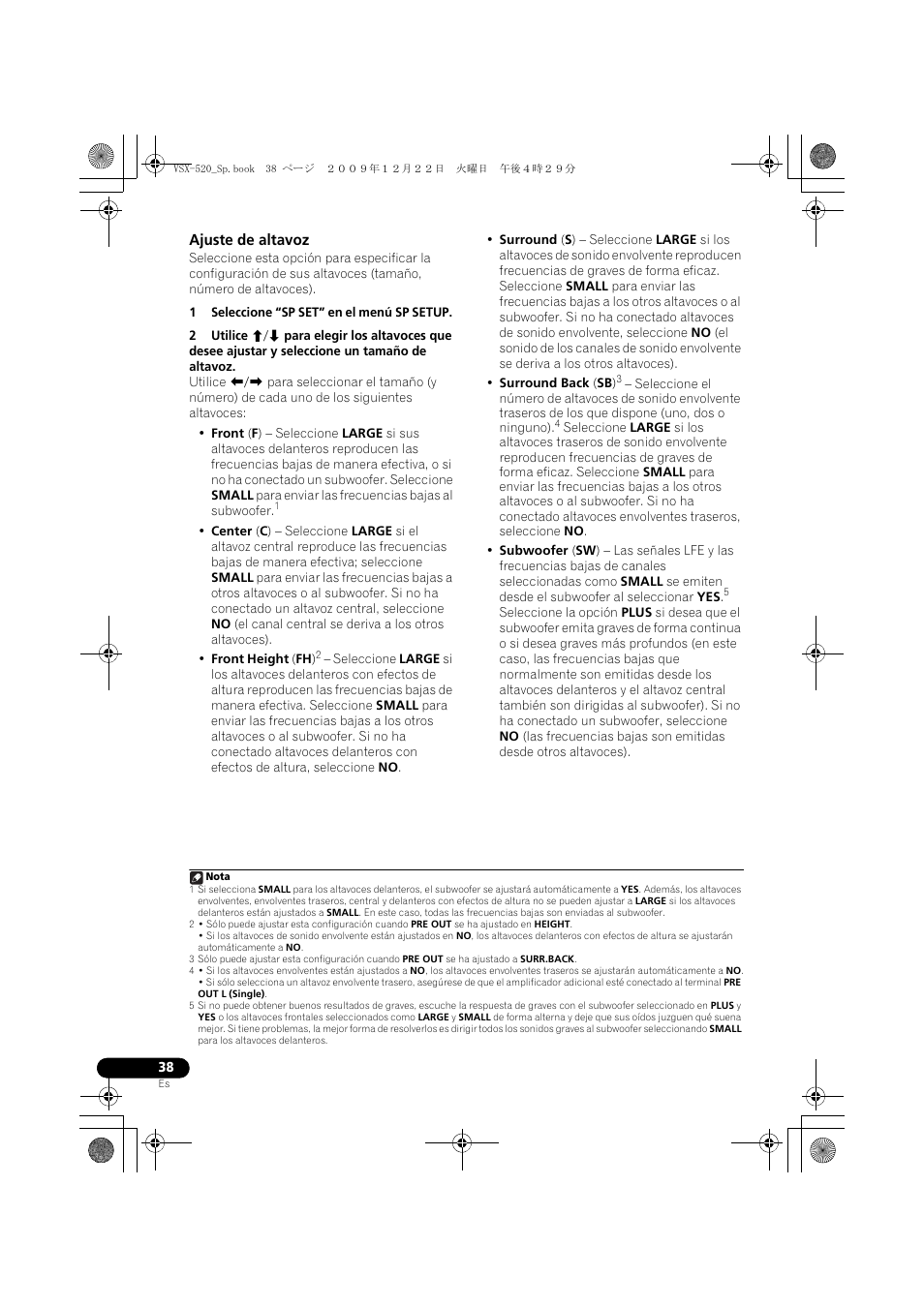 Ajuste de altavoz | Pioneer VSX-520 User Manual | Page 142 / 160