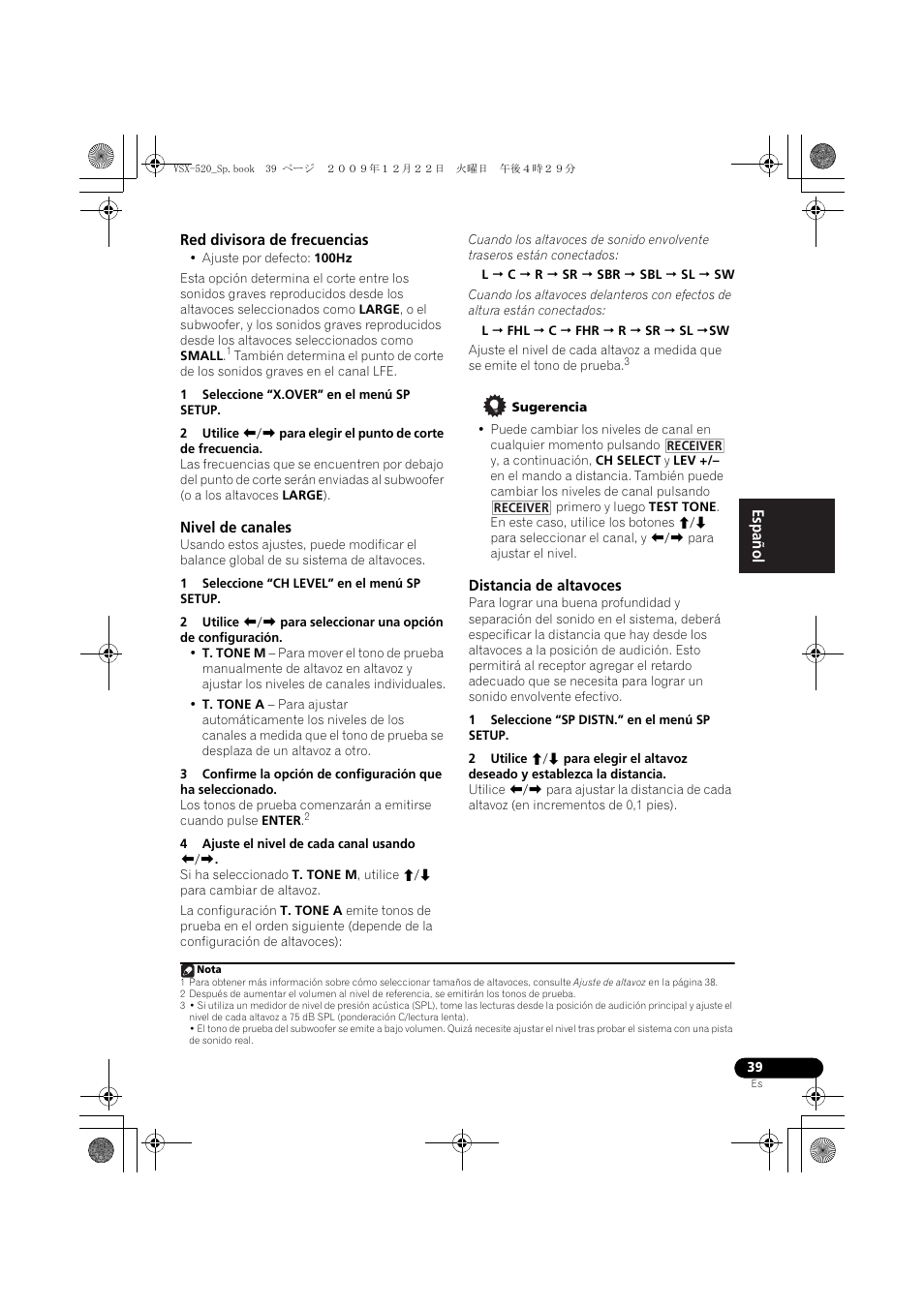Red divisora de frecuencias, Nivel de canales, Distancia de altavoces | Pioneer VSX-520 User Manual | Page 143 / 160