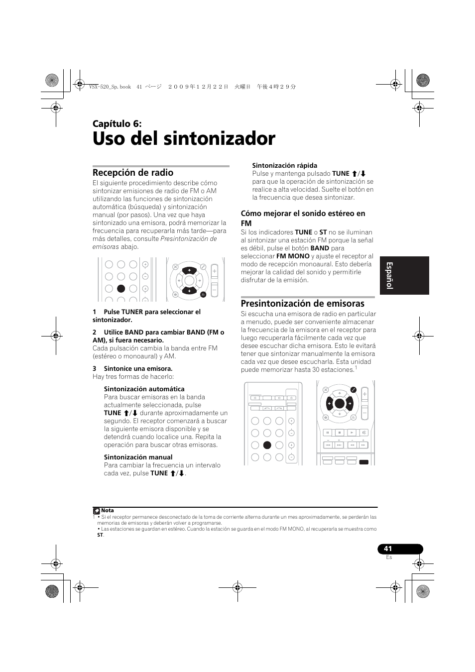 06 uso del sintonizador, Recepción de radio, Cómo mejorar el sonido estéreo en fm | Presintonización de emisoras, Uso del sintonizador, Capítulo 6, English français español | Pioneer VSX-520 User Manual | Page 145 / 160