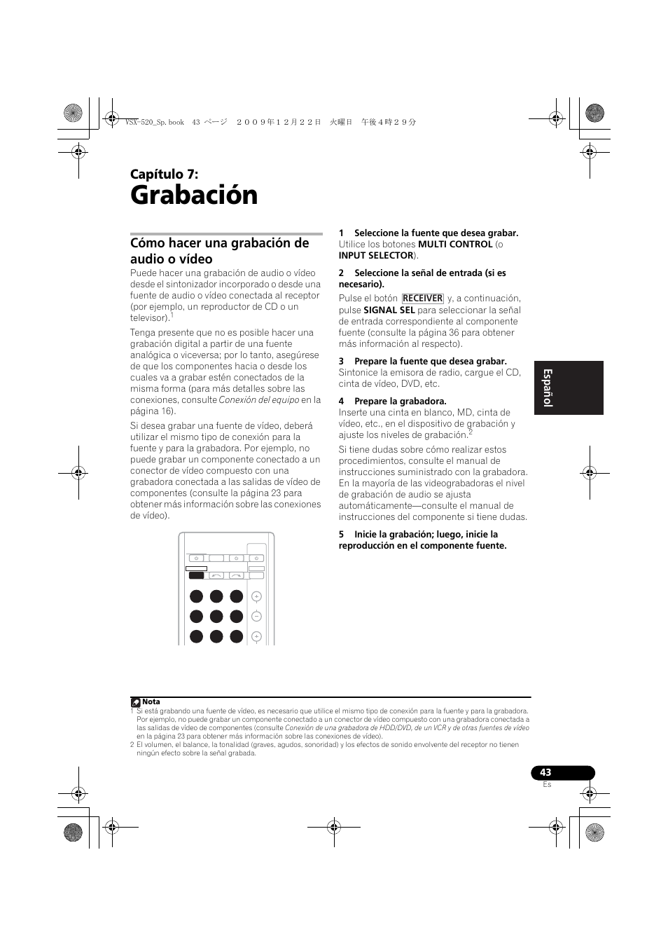 07 grabación, Cómo hacer una grabación de audio o vídeo, Grabación | Capítulo 7, English français español | Pioneer VSX-520 User Manual | Page 147 / 160