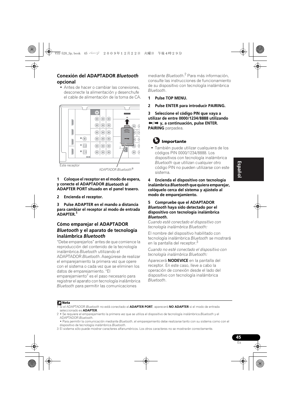 Conexión del adaptador bluetooth opcional, English français español | Pioneer VSX-520 User Manual | Page 149 / 160