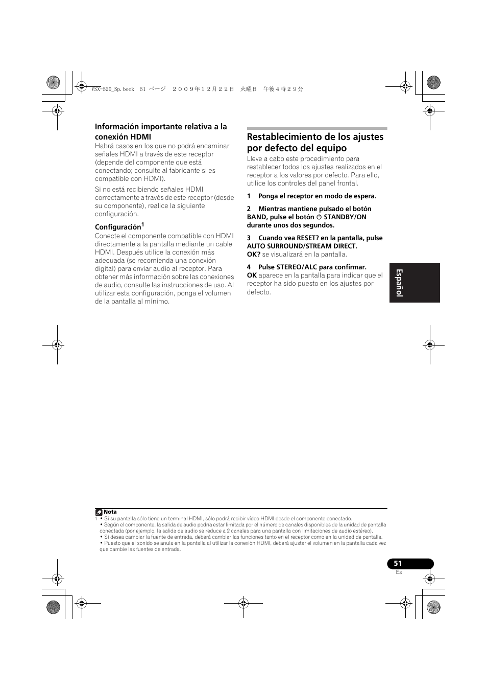 Información importante relativa a la conexión hdmi, English français español | Pioneer VSX-520 User Manual | Page 155 / 160