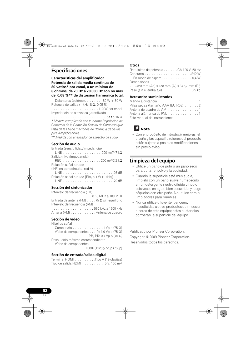 Especificaciones, Limpieza del equipo | Pioneer VSX-520 User Manual | Page 156 / 160