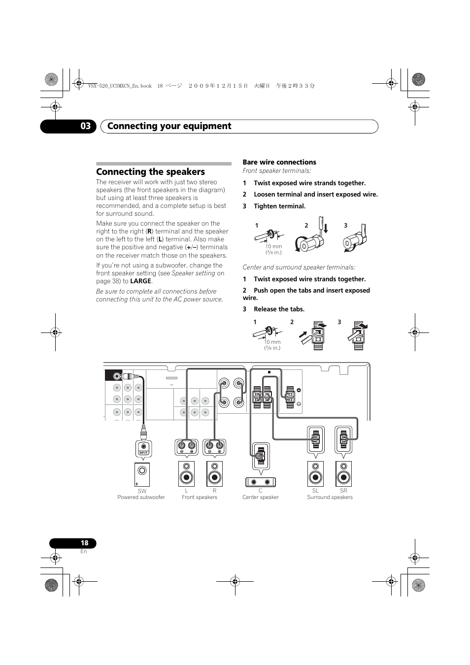 Connecting the speakers, Connecting your equipment 03, Bare wire connections | Pioneer VSX-520 User Manual | Page 18 / 160
