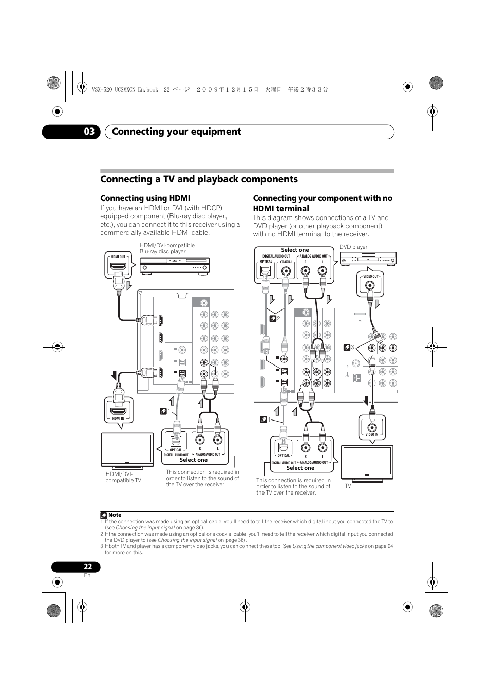Connecting a tv and playback components, Connecting using hdmi, Connecting your component with no hdmi terminal | Connecting your equipment 03 | Pioneer VSX-520 User Manual | Page 22 / 160