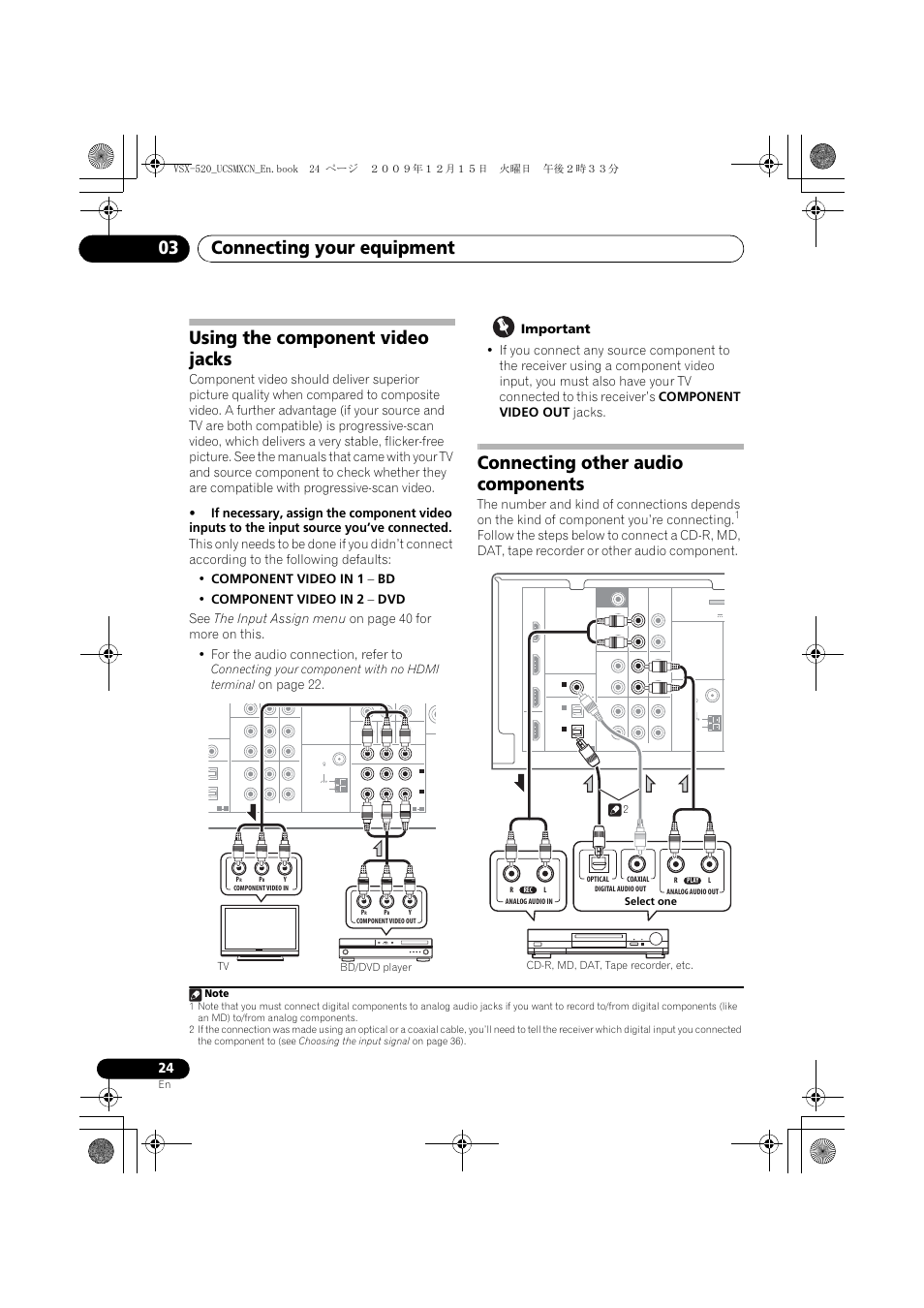 Using the component video jacks, Connecting other audio components, Connecting your equipment 03 | On page 22, Connecting your component with no hdmi terminal | Pioneer VSX-520 User Manual | Page 24 / 160