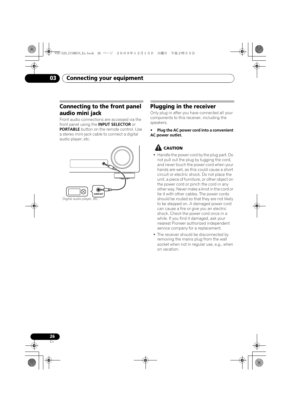 Connecting to the front panel audio mini jack, Plugging in the receiver, Connecting your equipment 03 | Pioneer VSX-520 User Manual | Page 26 / 160