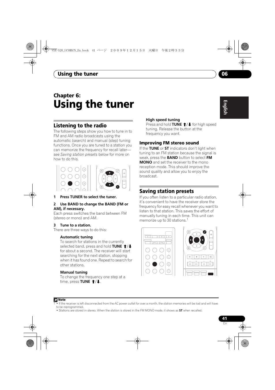 Using the tuner, Listening to the radio, Improving fm stereo sound | Saving station presets, 06 using the tuner, Using the tuner 06, Chapter 6, English français español | Pioneer VSX-520 User Manual | Page 41 / 160